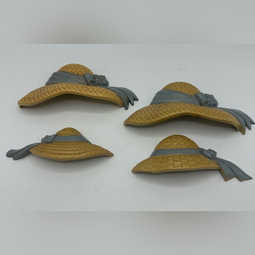 Vintage Burwood Plastic "Straw" Hats w/Blue Bows Wall Decor Set of 4 Granny Core
